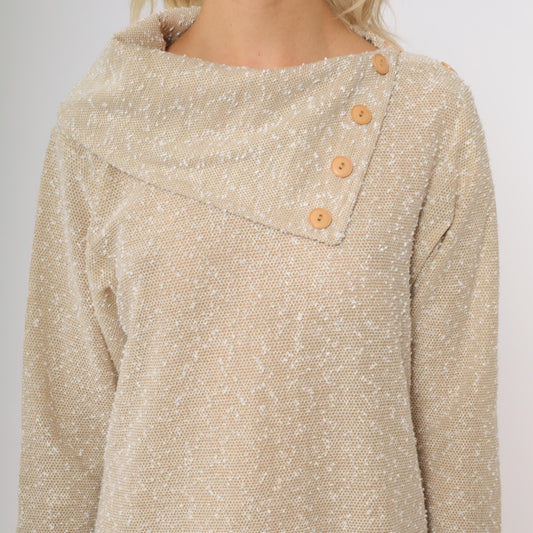 80s Beige Knit Shift Dress Asymmetrical Collar Long Sleeve Knee Length Medium M