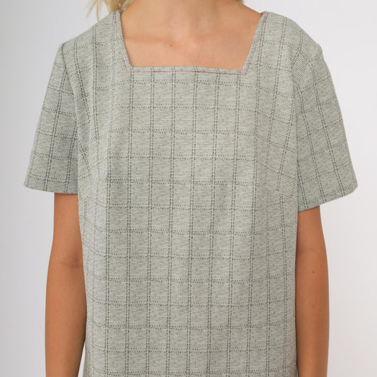 60s Plaid Mini Shift Dress Grey Square Neckline Mod Short Sleeve Medium