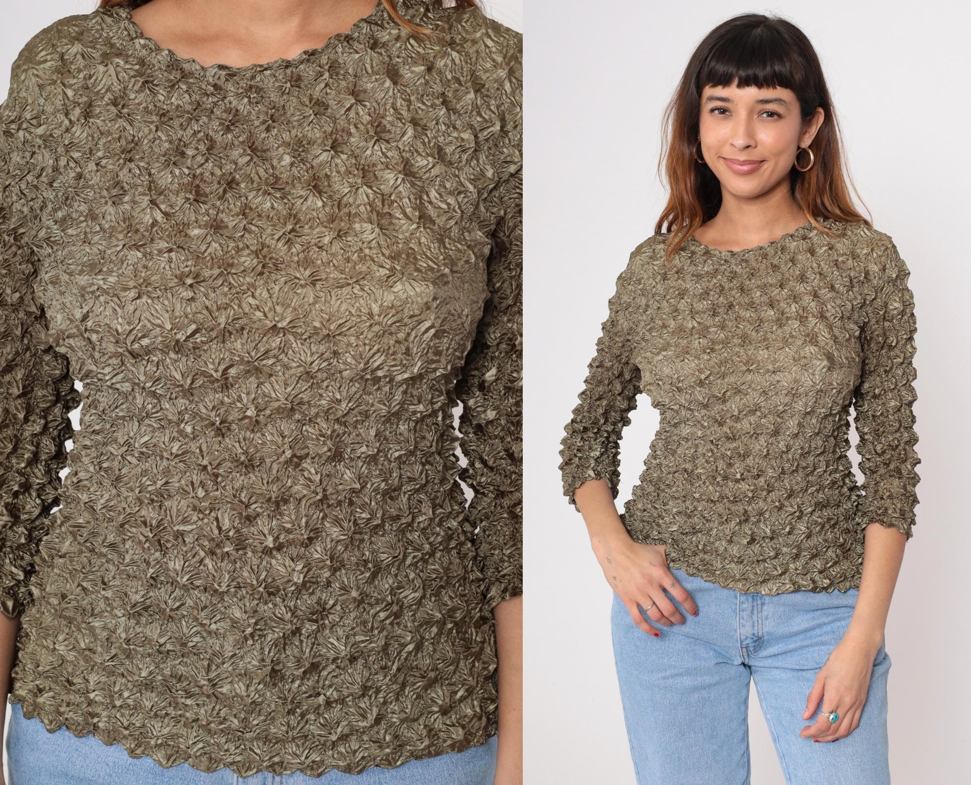 Y2K Green Popcorn Texture Short Sleeve Blouse XS-XL