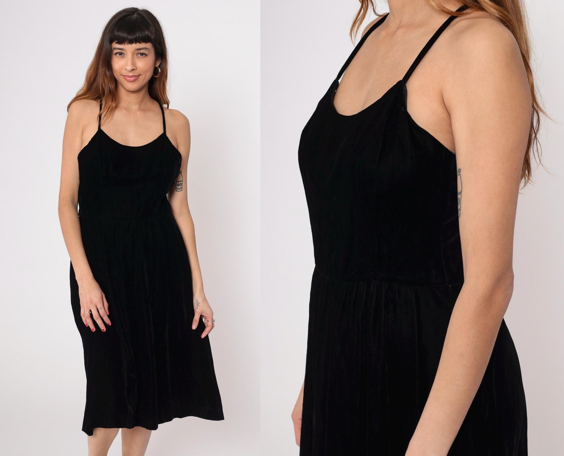 90s Black Velvet Midi Dress Spaghetti Strap Scoop Neck Large L