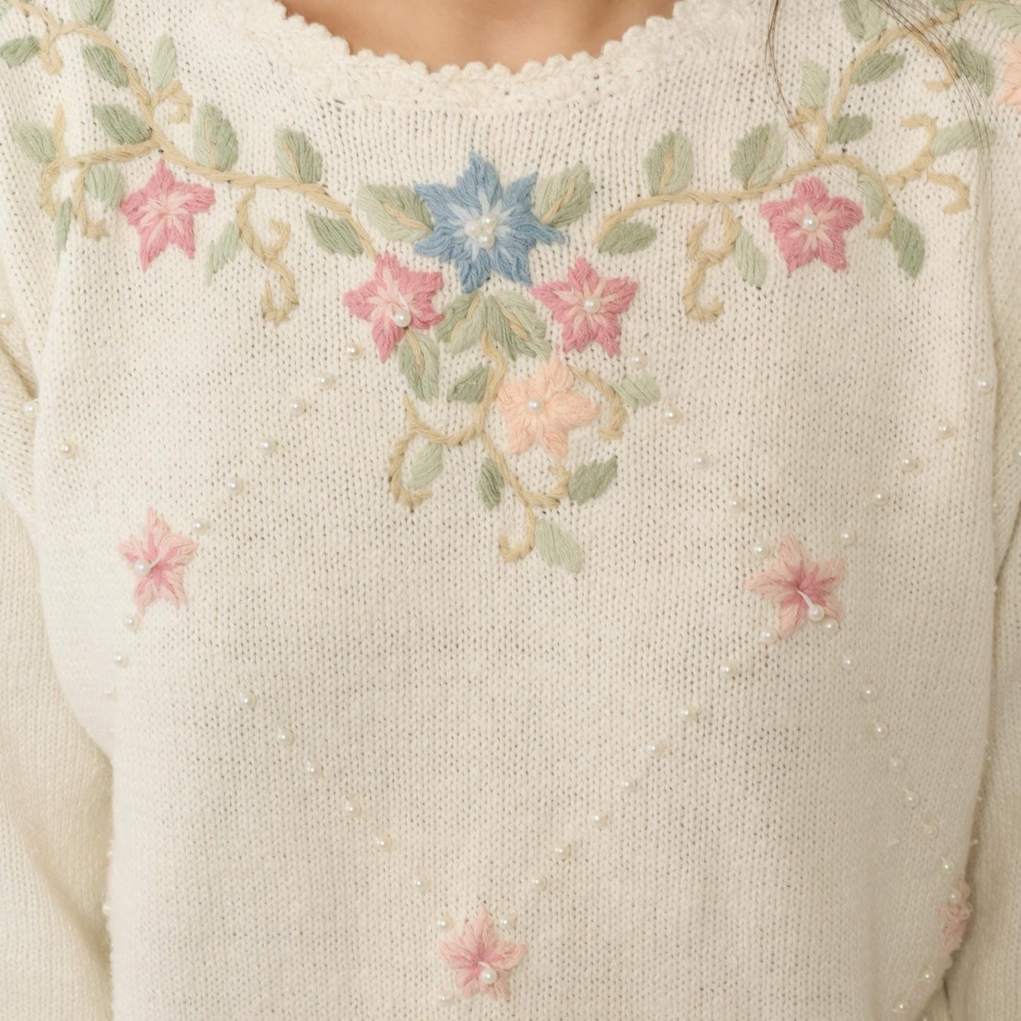 90s Carolyn Taylor Cream Floral Embroidered Sweater Small S