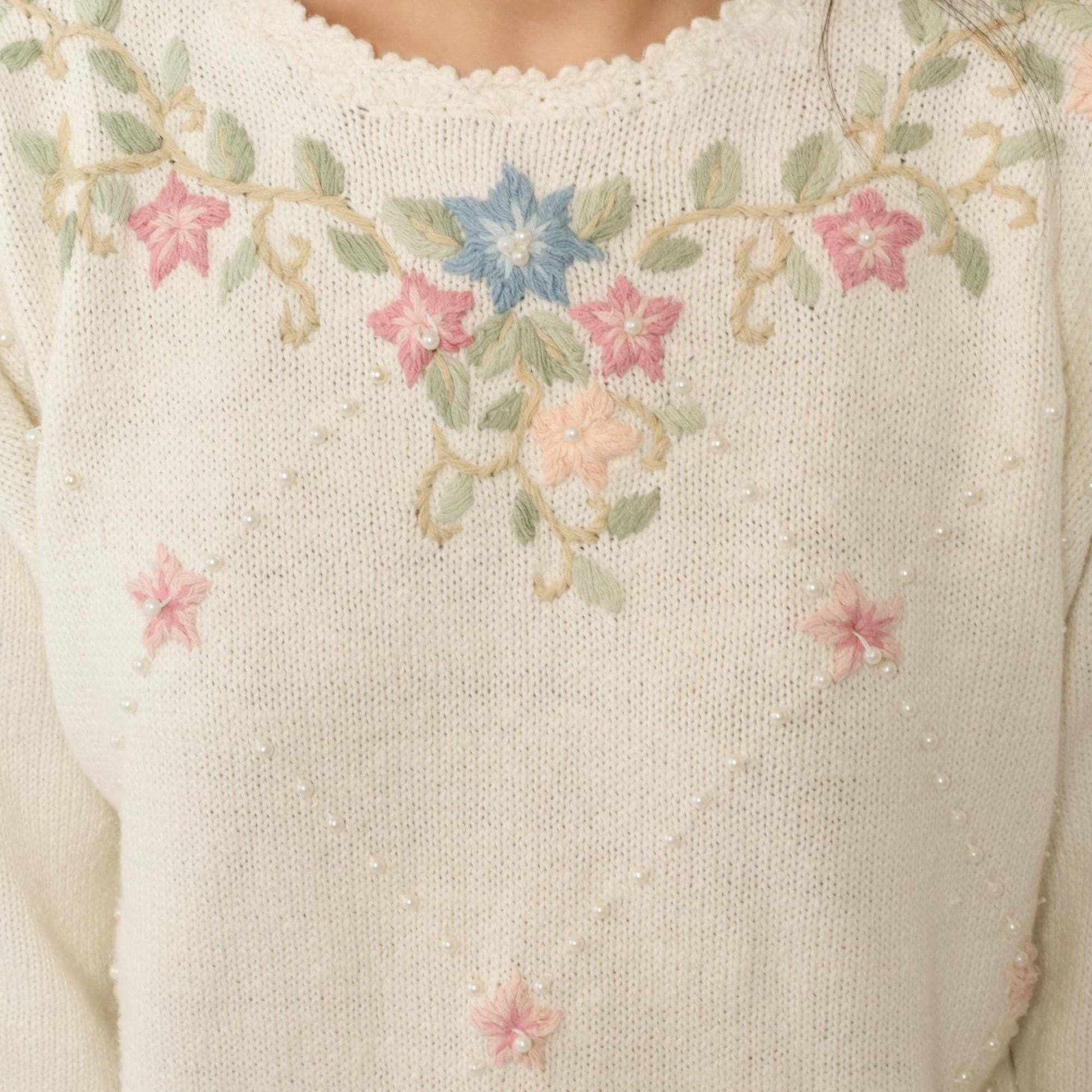 90s Carolyn Taylor Cream Floral Embroidered Sweater Small S