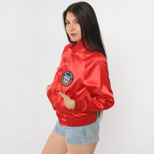 90s Capricorn Red Satin Bomber Jacket Karate Patch Medium