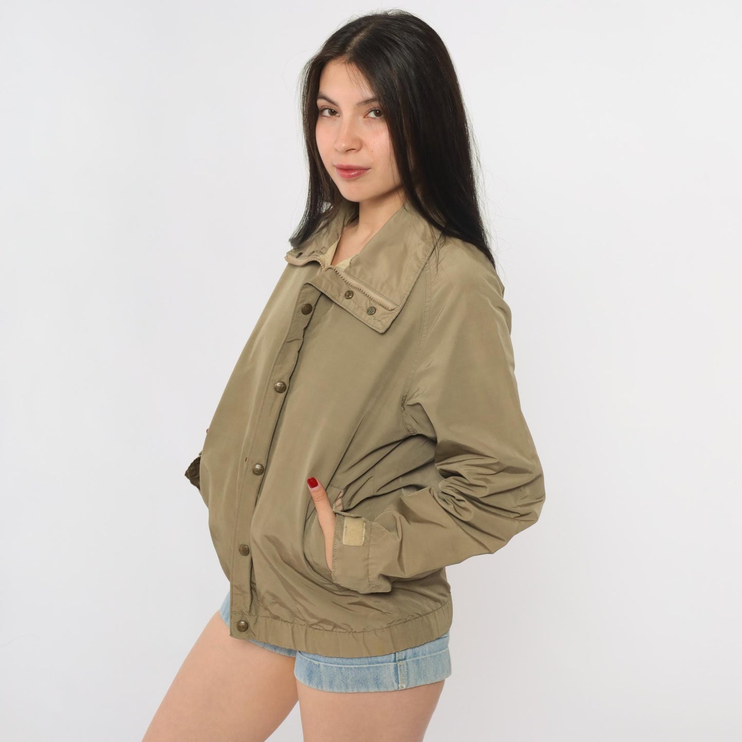 LL Bean Khaki Bomber Jacket 90s Zip Front Utility Flight Windbreaker Small