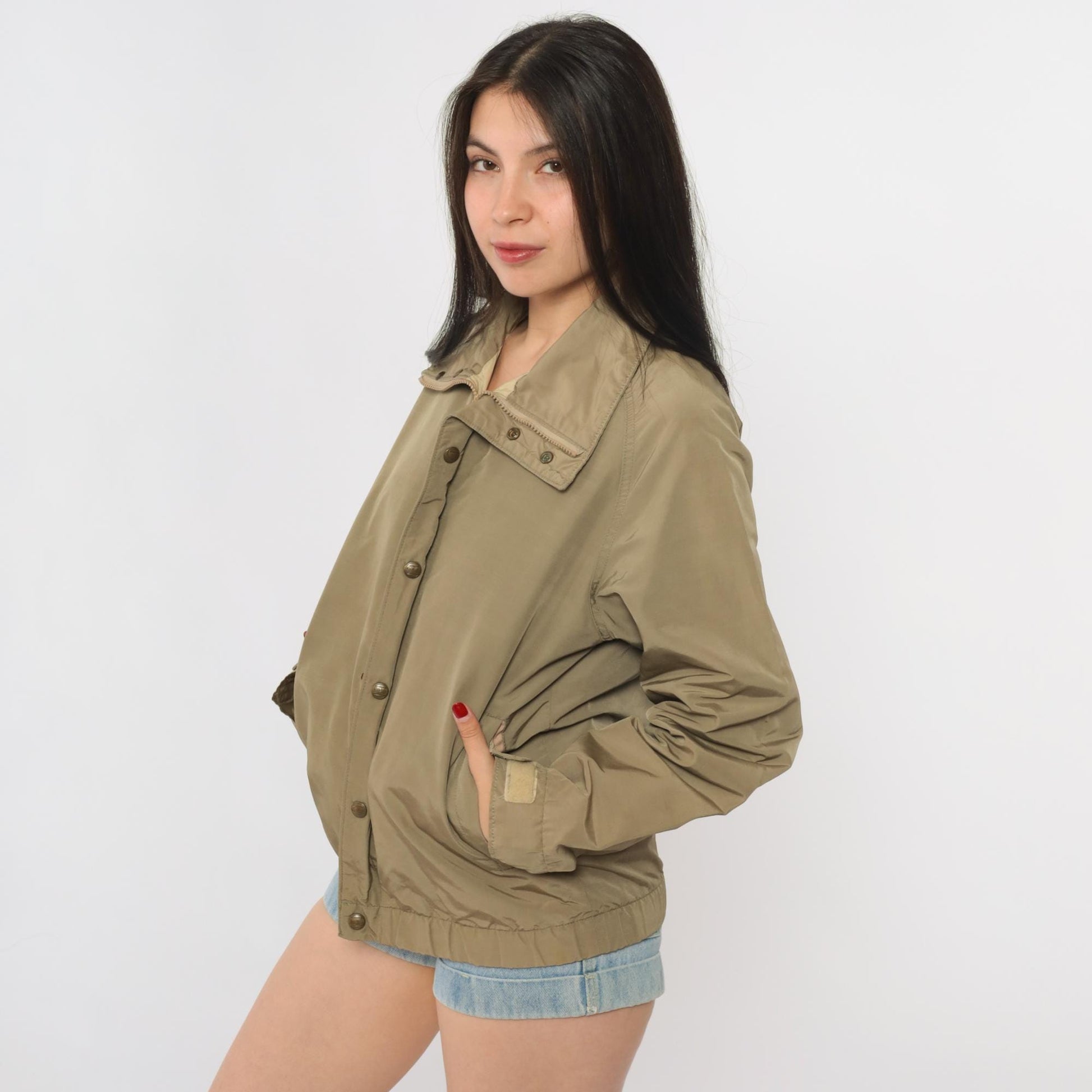 LL Bean Khaki Bomber Jacket 90s Zip Front Utility Flight Windbreaker Small