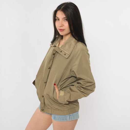 LL Bean Khaki Bomber Jacket 90s Zip Front Utility Flight Windbreaker Small