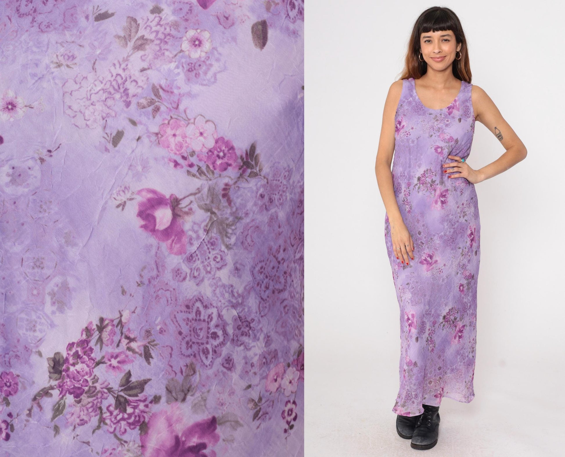 90s K Studio Lavender Floral Maxi Dress Sleeveless V-Neck Chiffon Large