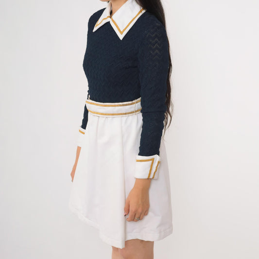70s Navy Mini Dress Peter Pan Collar Gold Trim A-Line Long Sleeve Extra Small