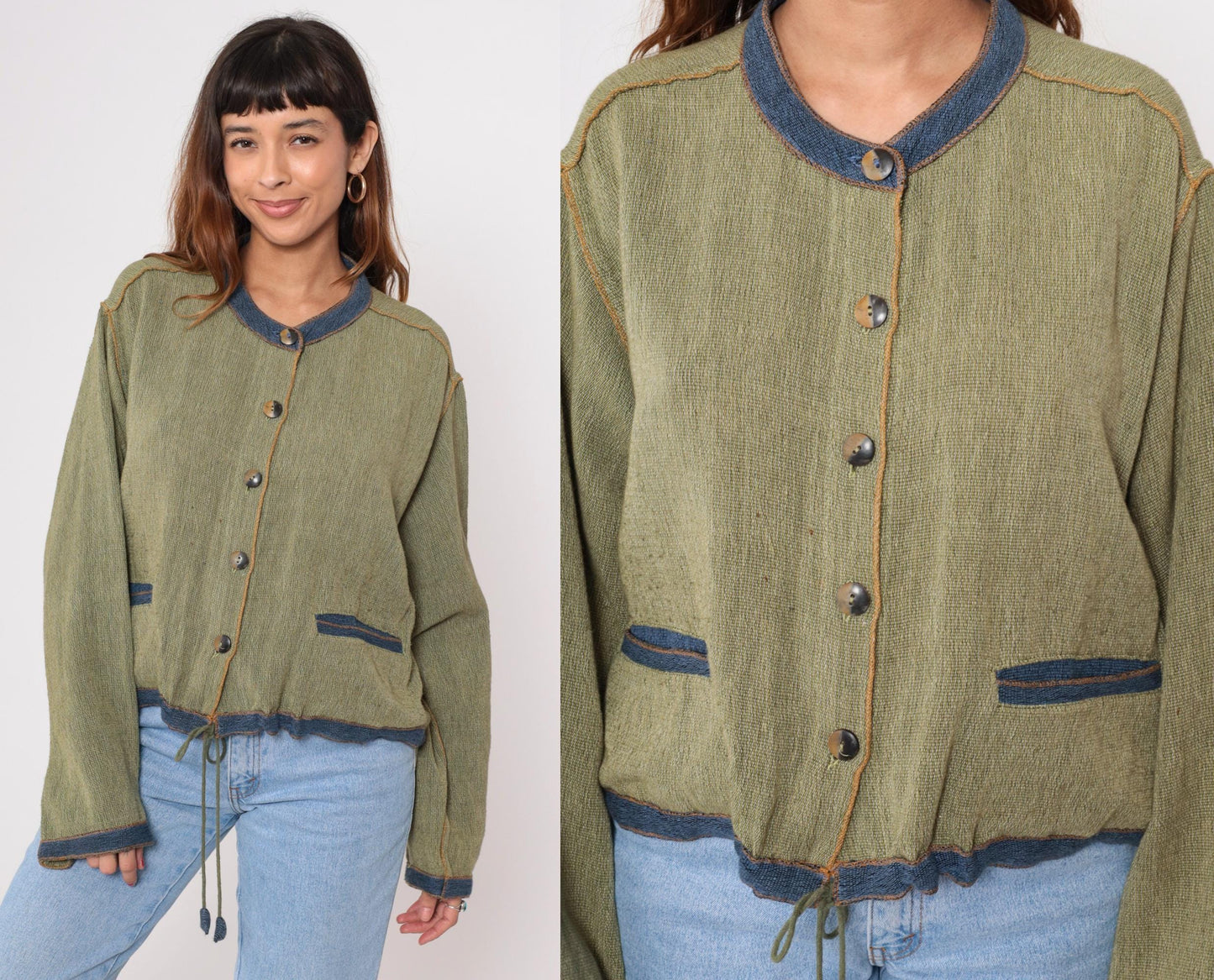 Y2K Tribe Green Cotton Cardigan Blue Trim Drawstring Waist Extra Large XXL