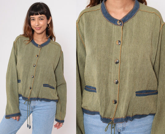 Y2K Tribe Green Cotton Cardigan Blue Trim Drawstring Waist Extra Large XXL