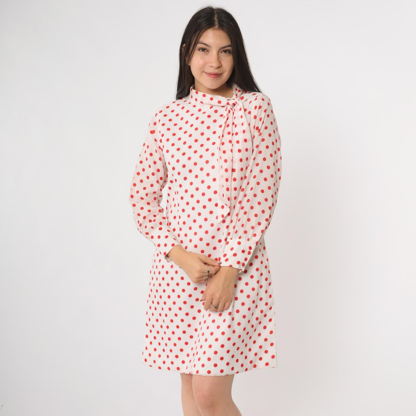 60s Mod Polka Dot Mini Dress Ascot Bow Tie Long Sleeve White Red Medium M