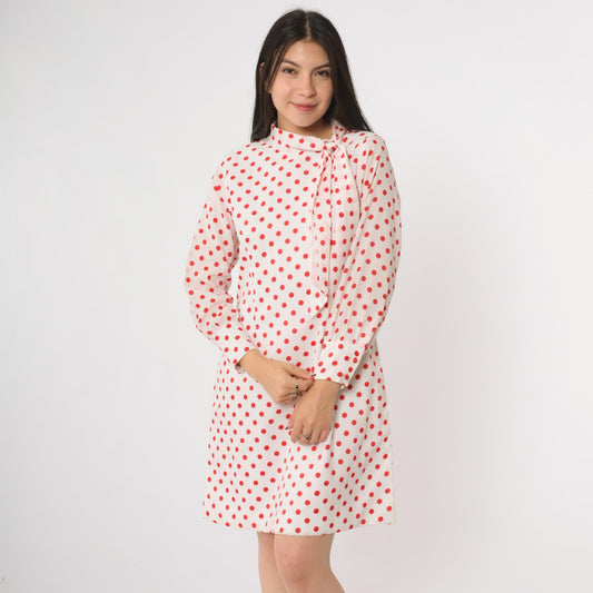 60s Mod Polka Dot Mini Dress Ascot Bow Tie Long Sleeve White Red Medium M