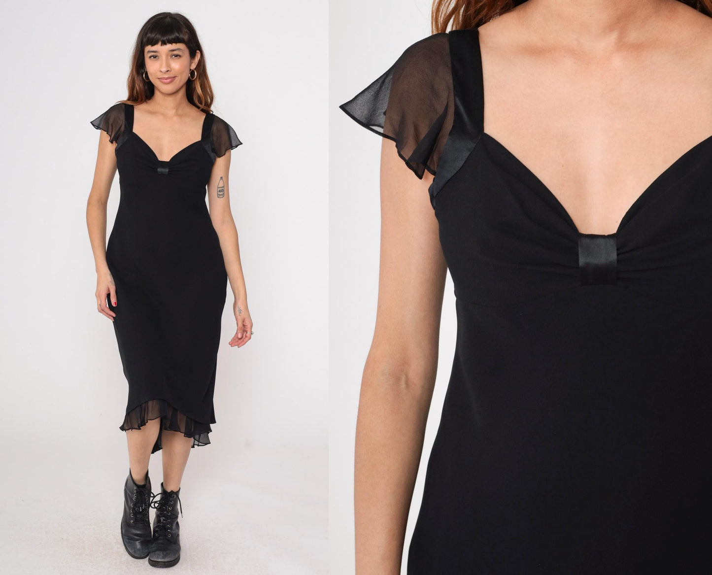 90s Jones Wear Black Chiffon Midi Dress Flutter Sleeve V-Neck Medium