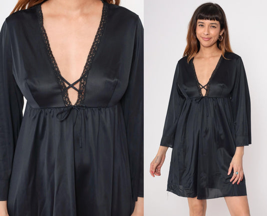 80s Black Nylon Deep V Mini Dress Empire Waist Long Sleeve Small