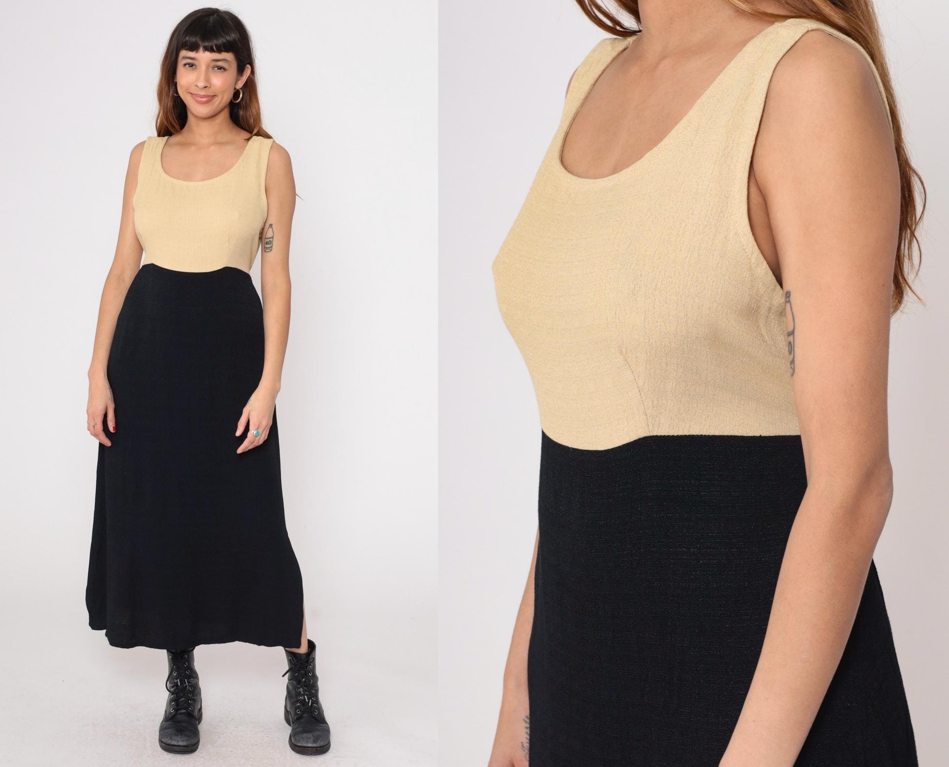 90s K Studio Color Block Maxi Dress Cream Black Tank Sleeveless Large