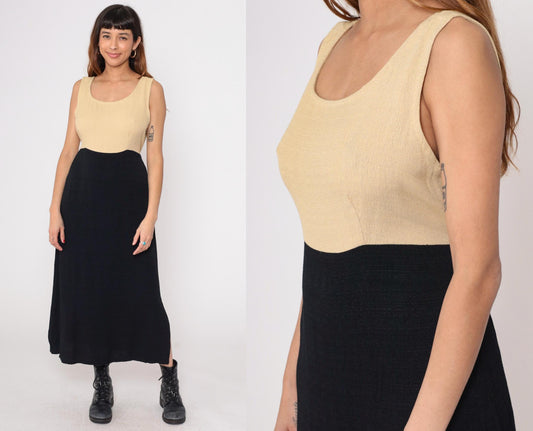 90s K Studio Color Block Maxi Dress Cream Black Tank Sleeveless Large