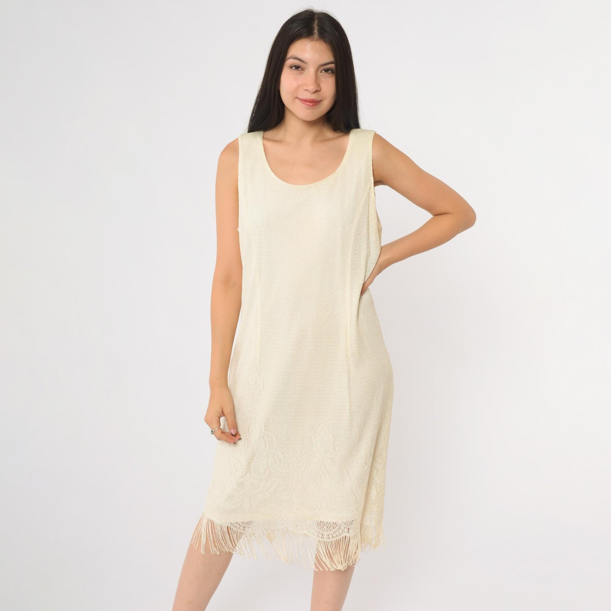 90s Onyx Nite Cream Metallic Fringe Midi Dress Scoop Neck Sleeveless Extra Large