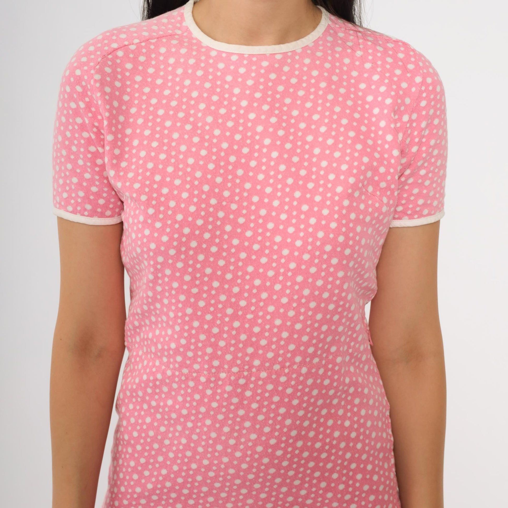 70s Catalina Sportswear Pink Polka Dot Mini Dress White Trim Large