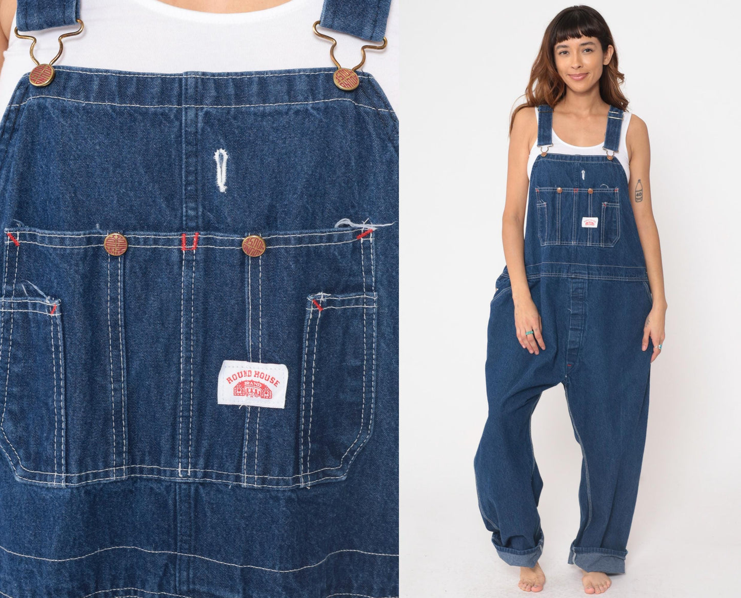 90s Roundhouse Dark Indigo Denim Overalls Carpenter Workwear Men's XL