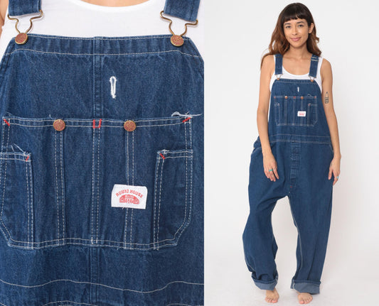 90s Roundhouse Dark Indigo Denim Overalls Carpenter Workwear Men's XL