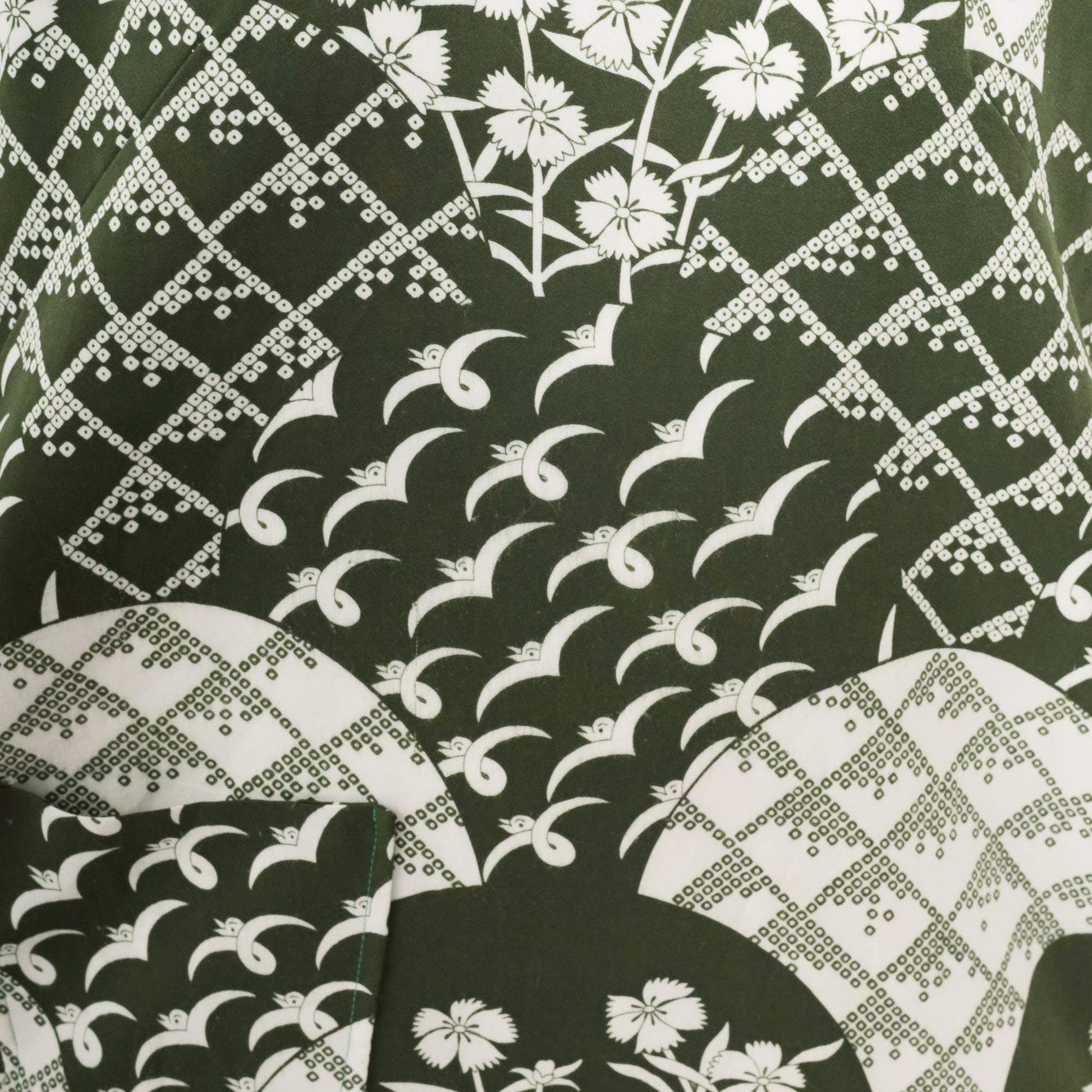 70s Green Hawaiian Shift Dress White Floral Geometric Print Square Neck Knee Length Medium M