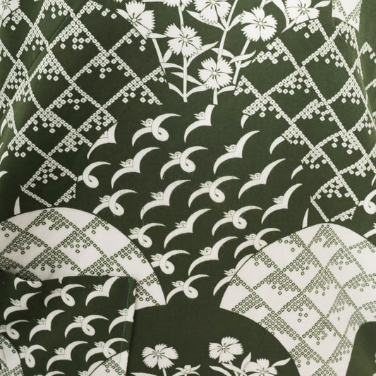 70s Green Hawaiian Shift Dress White Floral Geometric Print Square Neck Knee Length Medium M