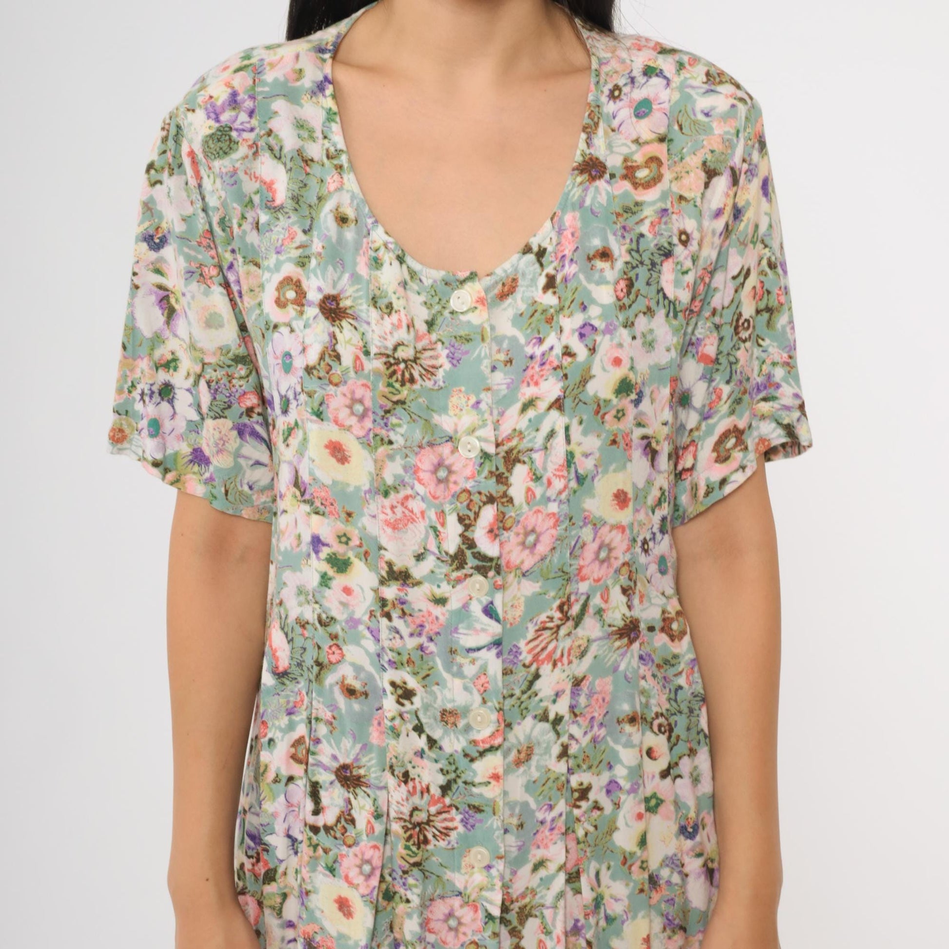 Y2K Floral Maxi Dress Sleeveless Scoop Neck Pink Green Botanical Rayon Medium