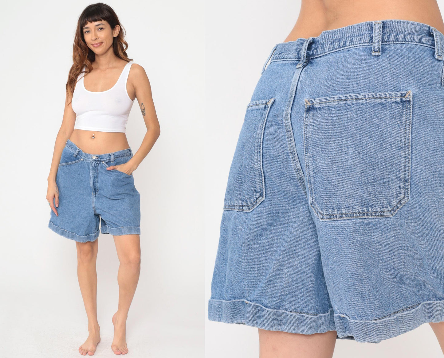 90s Cenza Palmetto Light Blue Denim Shorts High Waisted Cuffed Large L