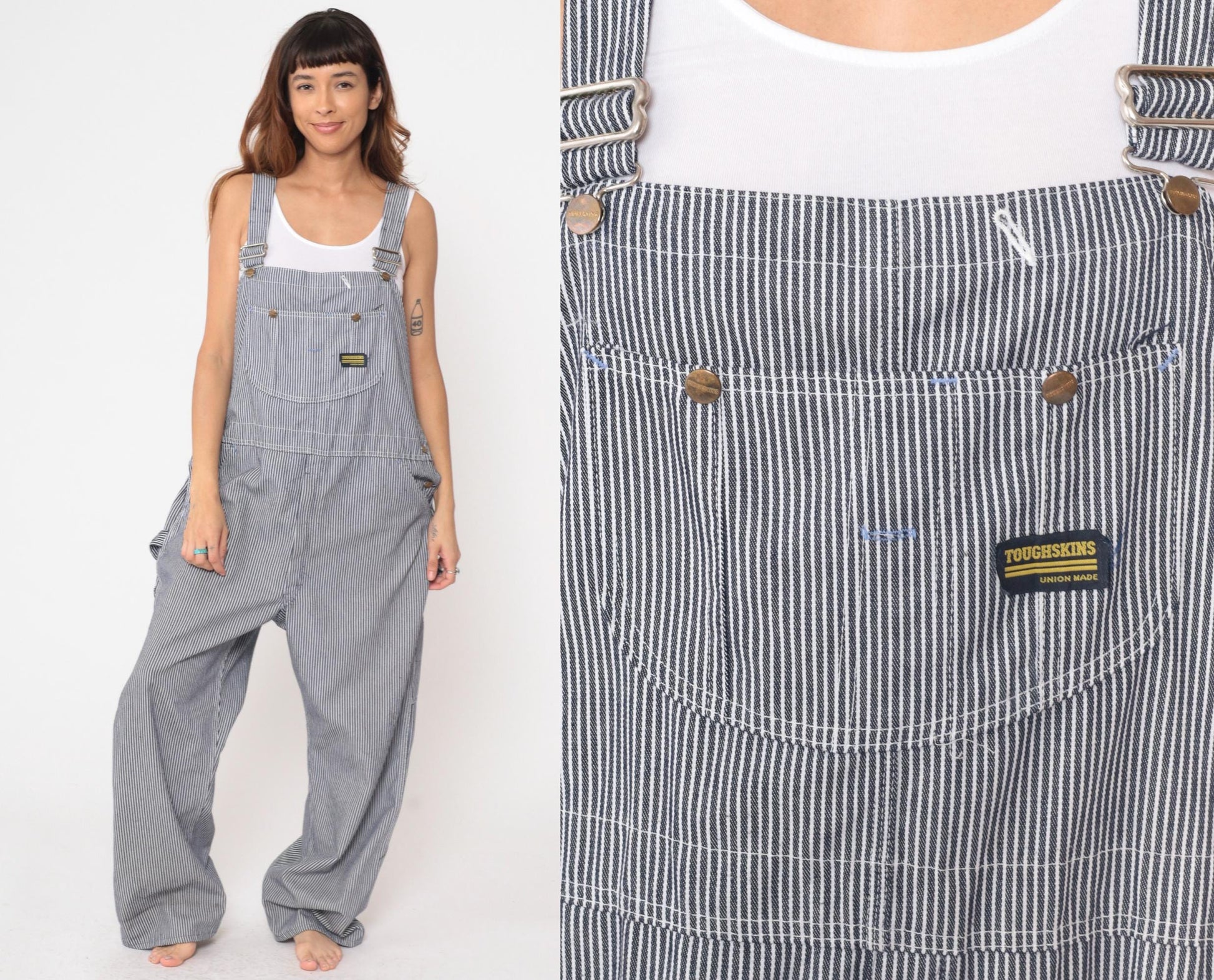 90s Toughskins Union Made Hickory Stripe Bib Overalls Workwear XL