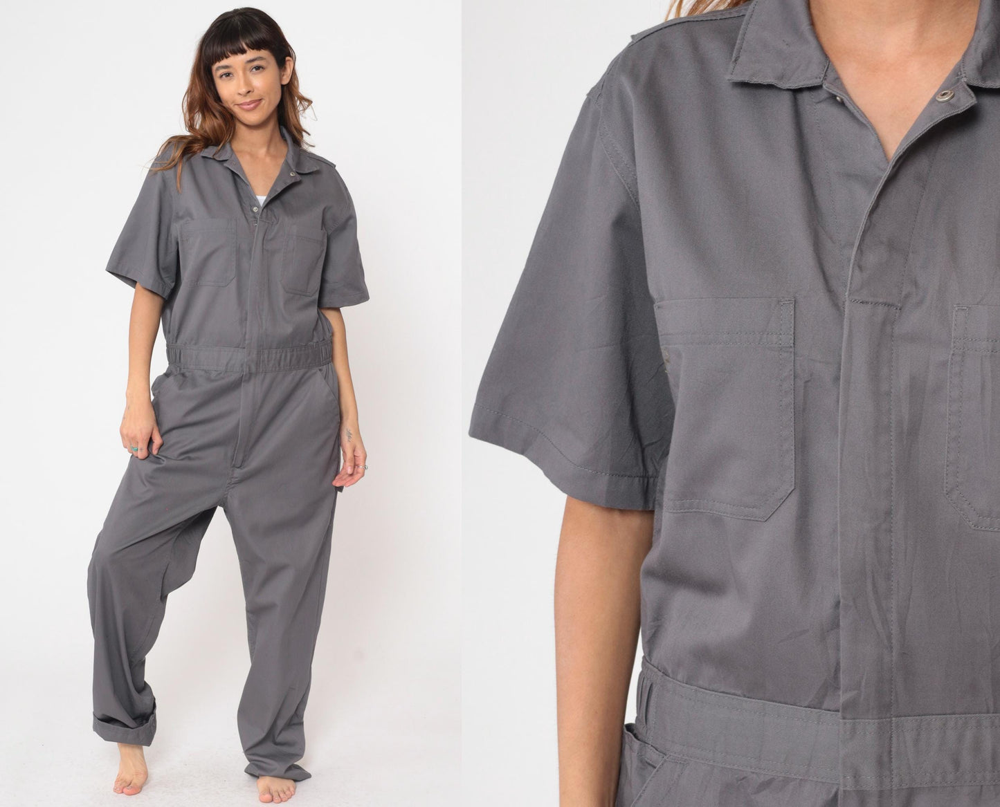 Y2K CQR Grey Utility Coveralls Short Sleeve Cargo Jumpsuit Medium M