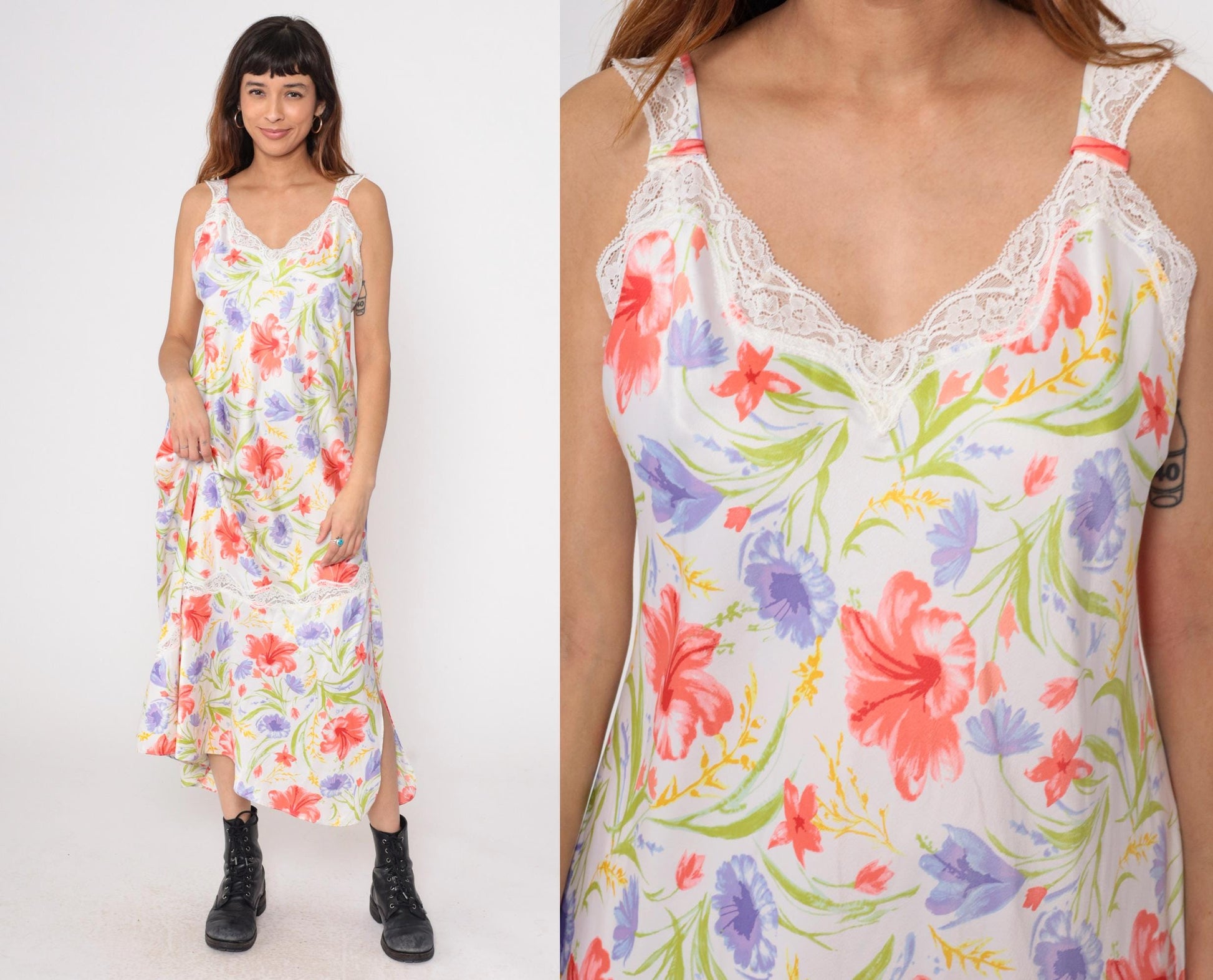 90s White Floral Maxi Slip Dress Coral Purple Lace Trim Large