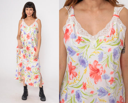 90s White Floral Maxi Slip Dress Coral Purple Lace Trim Large