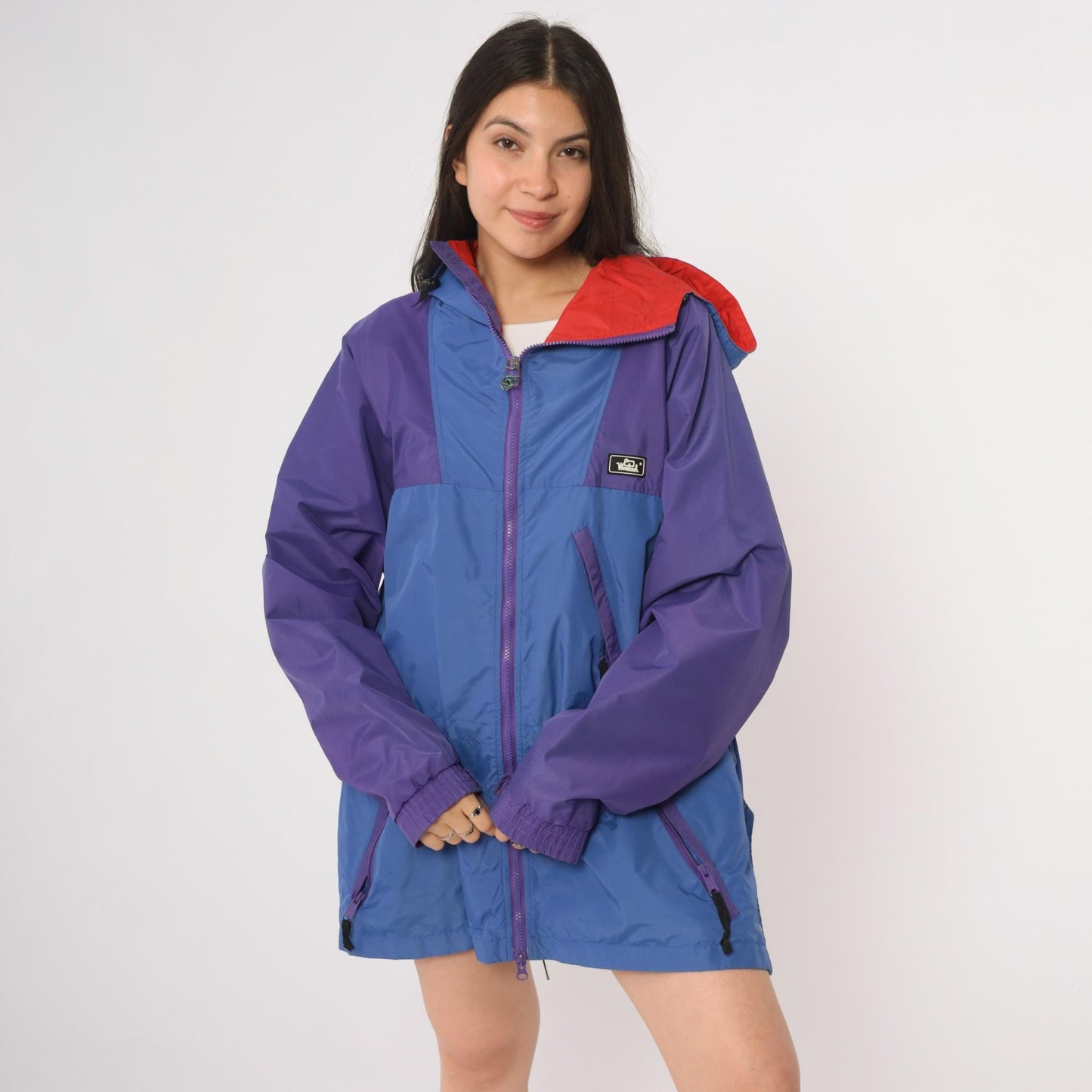 90s Woolrich Colorblock Windbreaker Purple Blue Hooded Jacket Extra Large XL