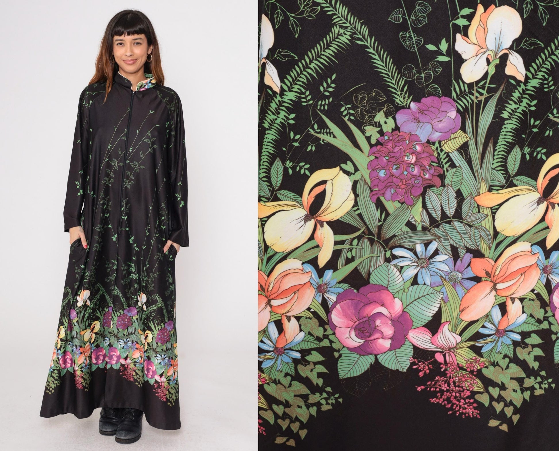 70s Black Floral Maxi Dress Zip Front Long Sleeve Botanical Print Medium Large