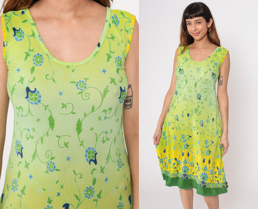 90s La Fete Lime Ombre Midi Dress Floral Scoop Neck Sleeveless Plus Size XXL