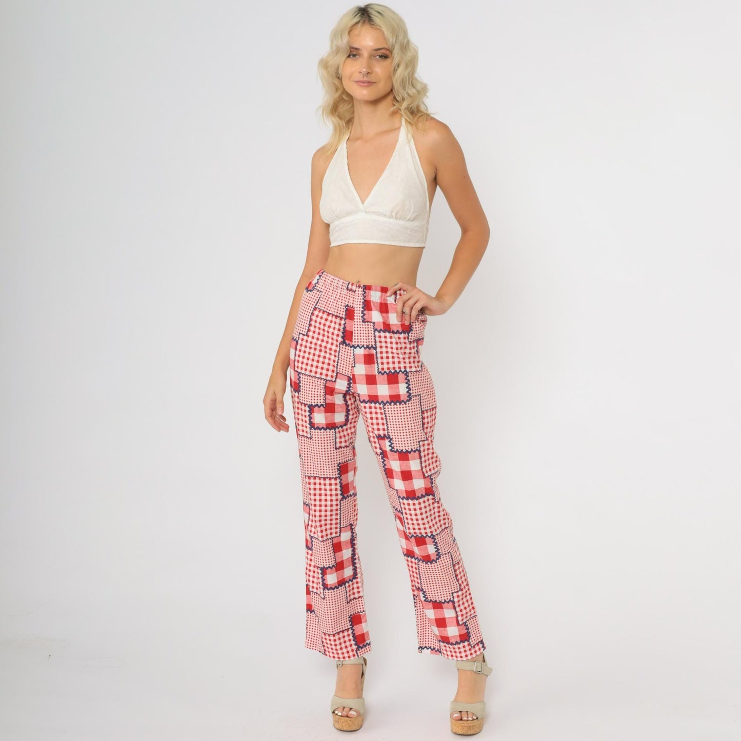 70s Patchwork Pants Red Gingham Check High Rise Wide Leg Cotton Extra Small XS