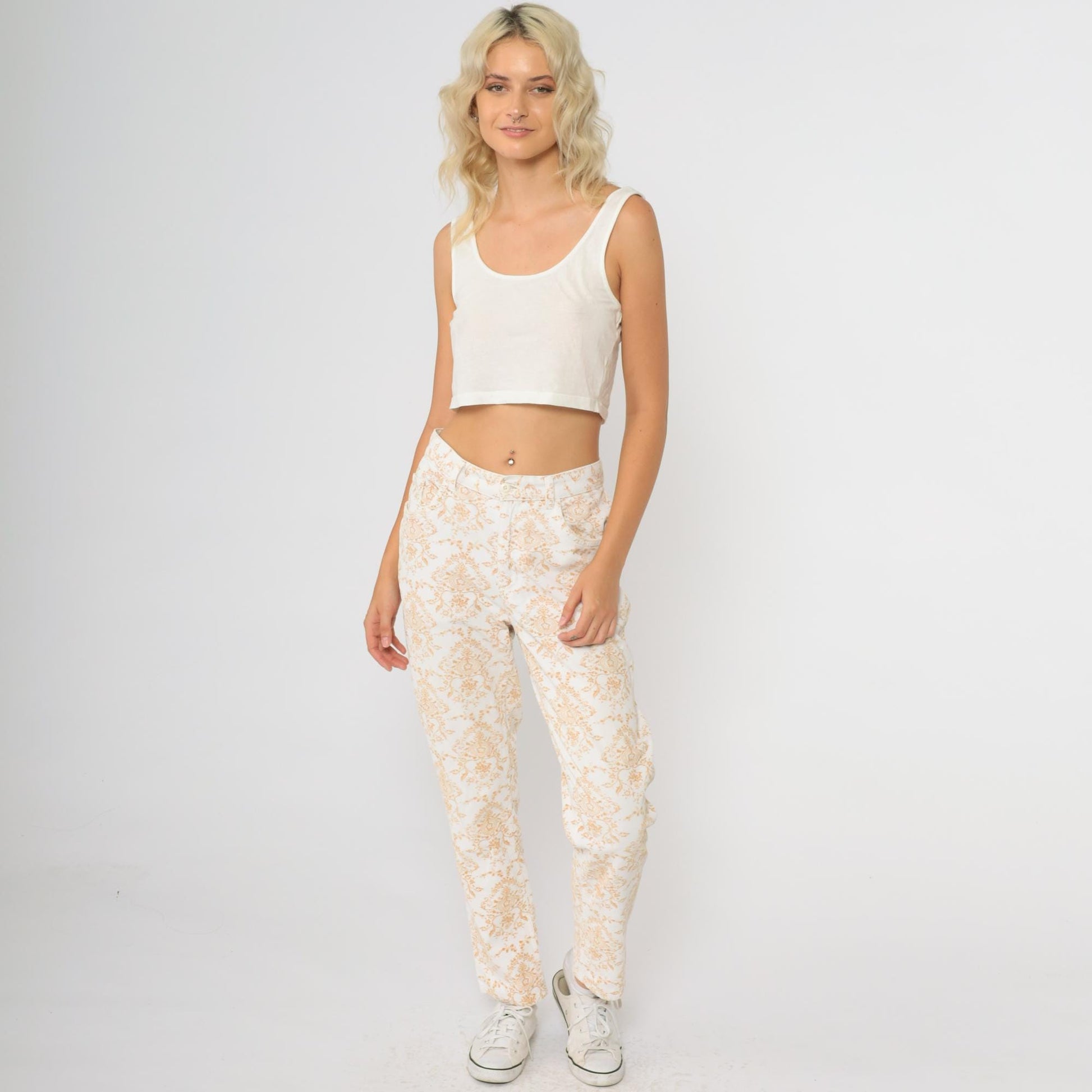 Y2K Paisley Corduroy Pants Cream Orange High Waisted Straight Leg Medium M