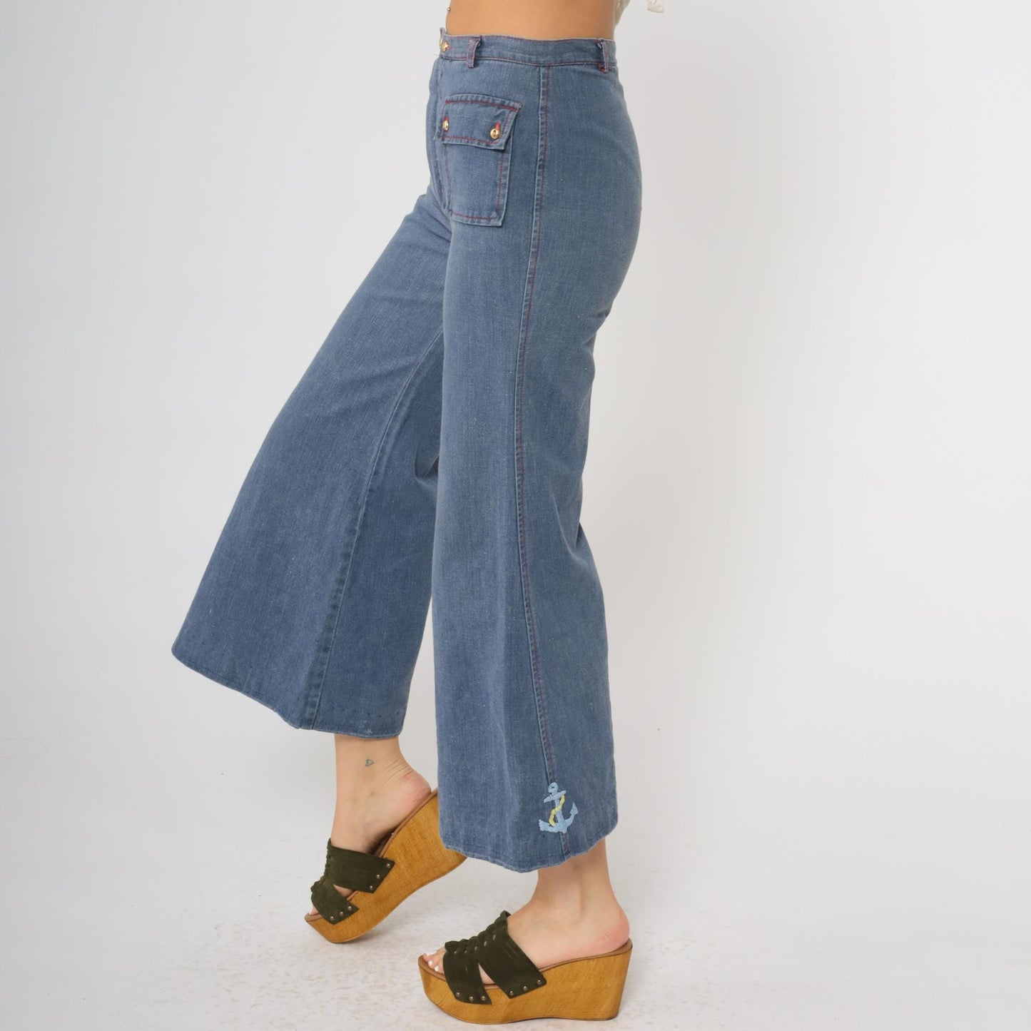 70s Carol Evans Bell Bottom Jeans High Waisted Flare Rose Embroidery Extra Small