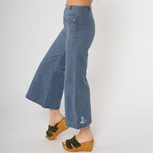 70s Carol Evans Bell Bottom Jeans High Waisted Flare Rose Embroidery Extra Small