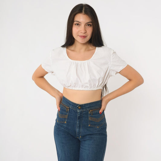 90s White Peasant Crop Top Milkmaid Scoop Neck Blouse Extra Small