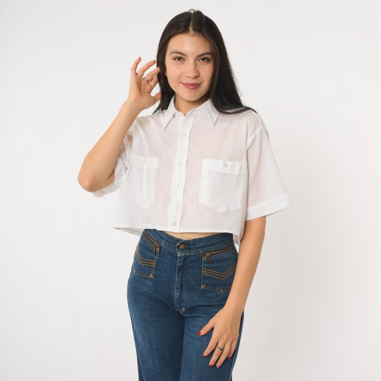 90s Haband Striped Button-Up Crop Top White Vertical Stripes Medium