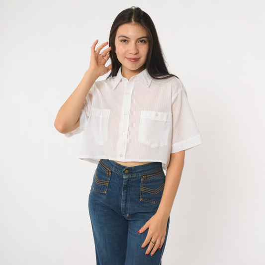 90s Haband Striped Button-Up Crop Top White Vertical Stripes Medium