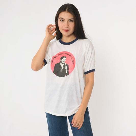 80s Jerry Lewis Labor Day Telethon Ringer T-Shirt White Navy Graphic Medium