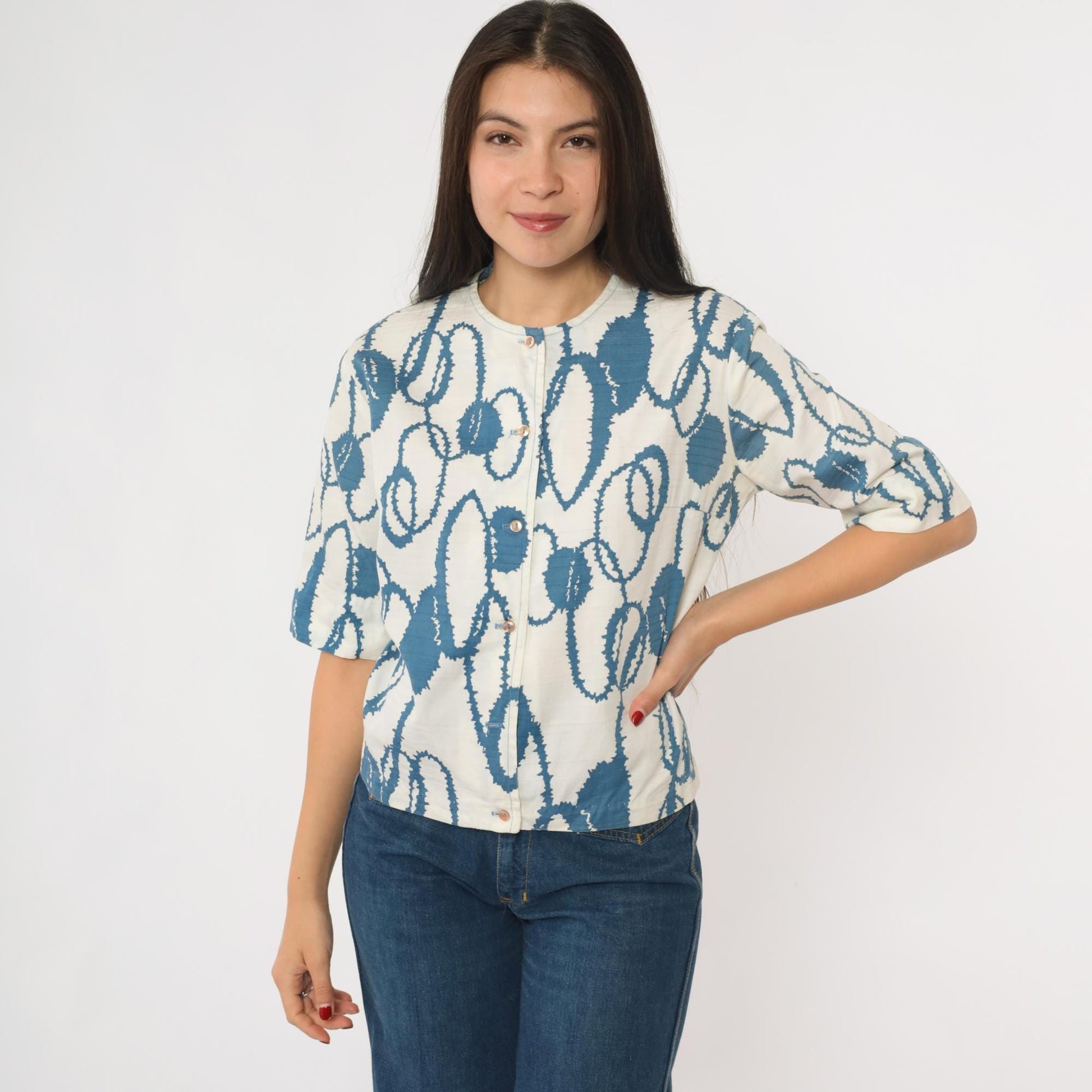 60s Campus Casuals Abstract Print Button Up Blouse Blue White Medium