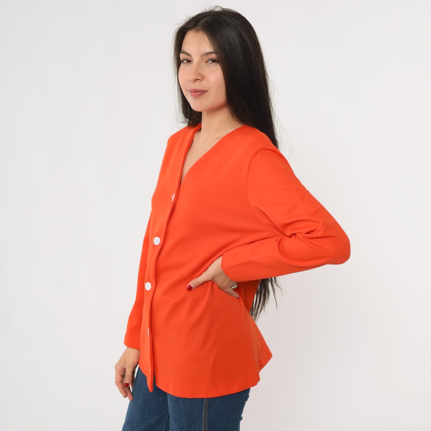 70s Orange V-Neck Button-Up Blouse Long Sleeve Polyester Shirt Medium