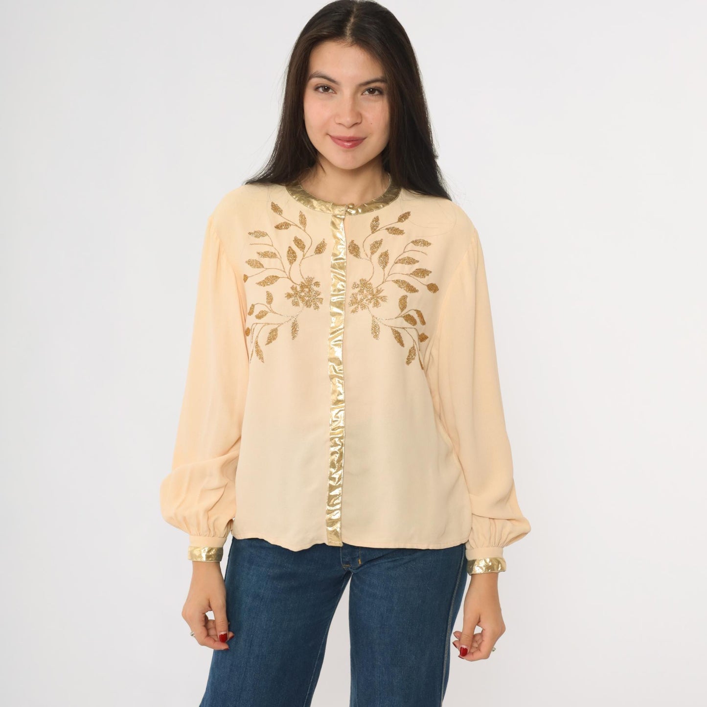 70s Frank Masandrea Peach Crepe Blouse Gold Embroidered Floral Small