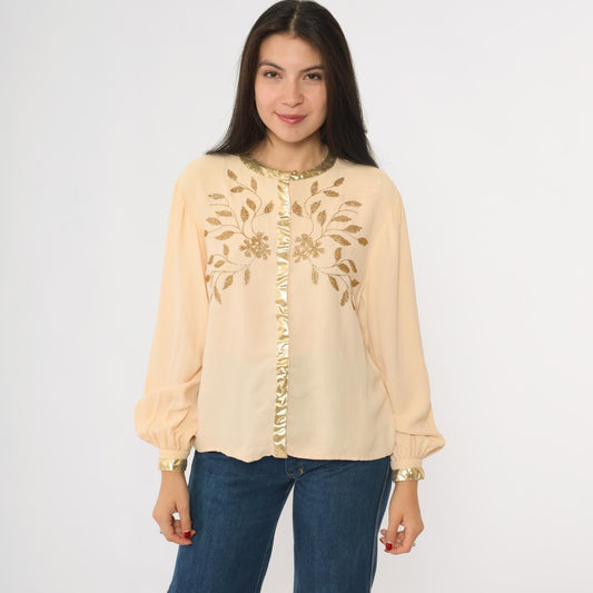 70s Frank Masandrea Peach Crepe Blouse Gold Embroidered Floral Small
