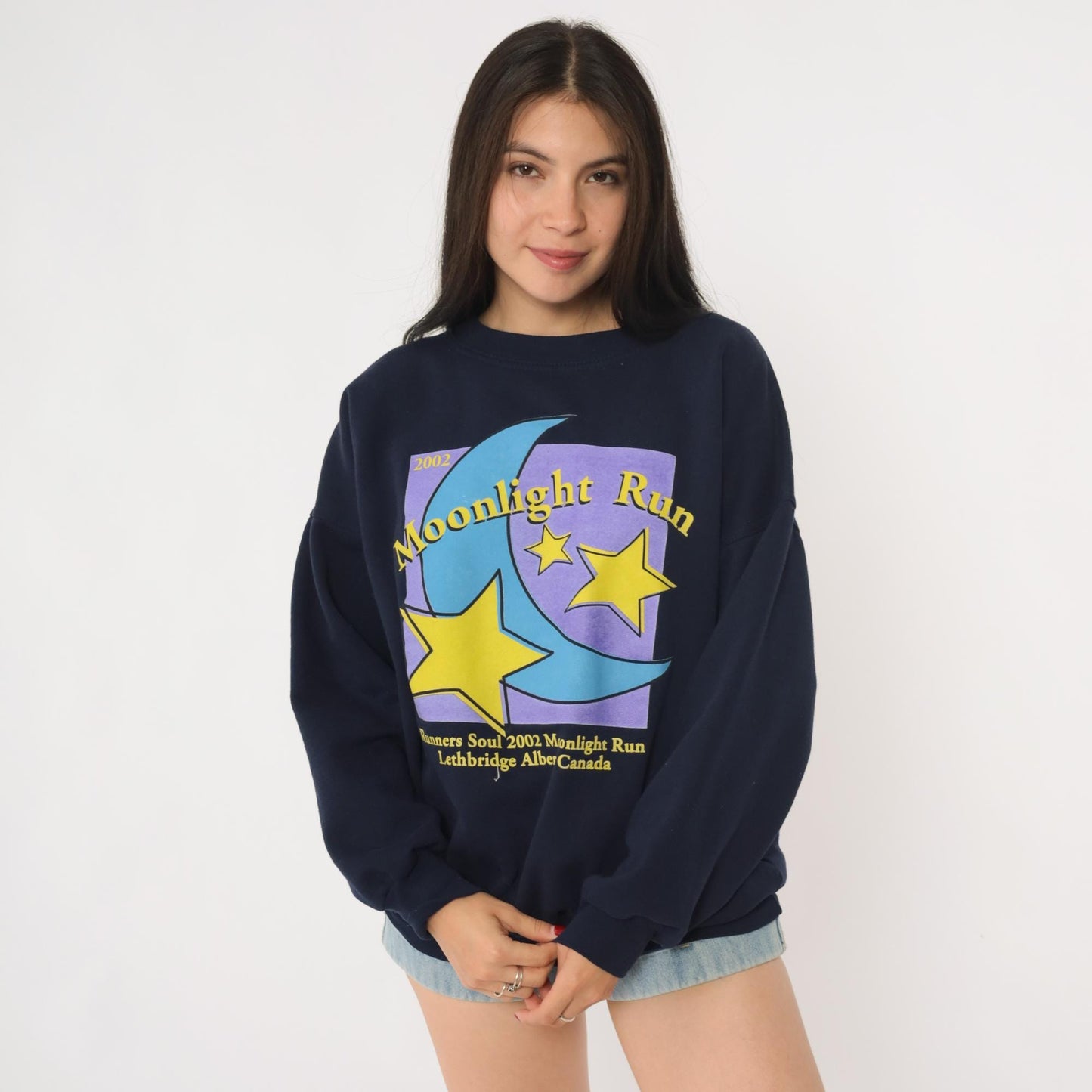 2002 Moonlight Run Lethbridge Alberta Sweatshirt Navy Celestial Graphic Medium
