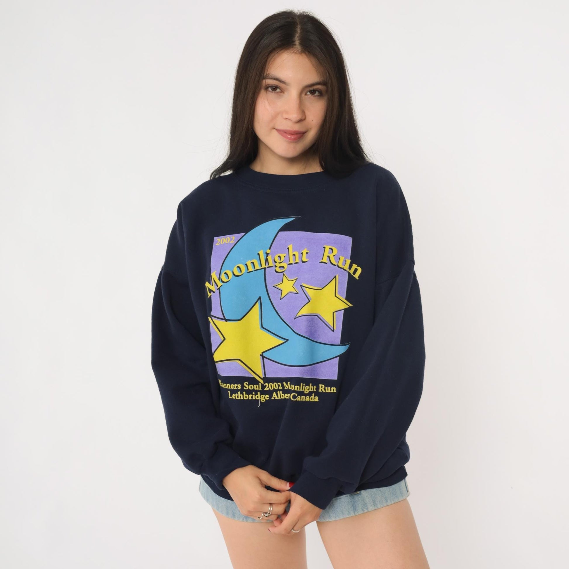 2002 Moonlight Run Lethbridge Alberta Sweatshirt Navy Celestial Graphic Medium