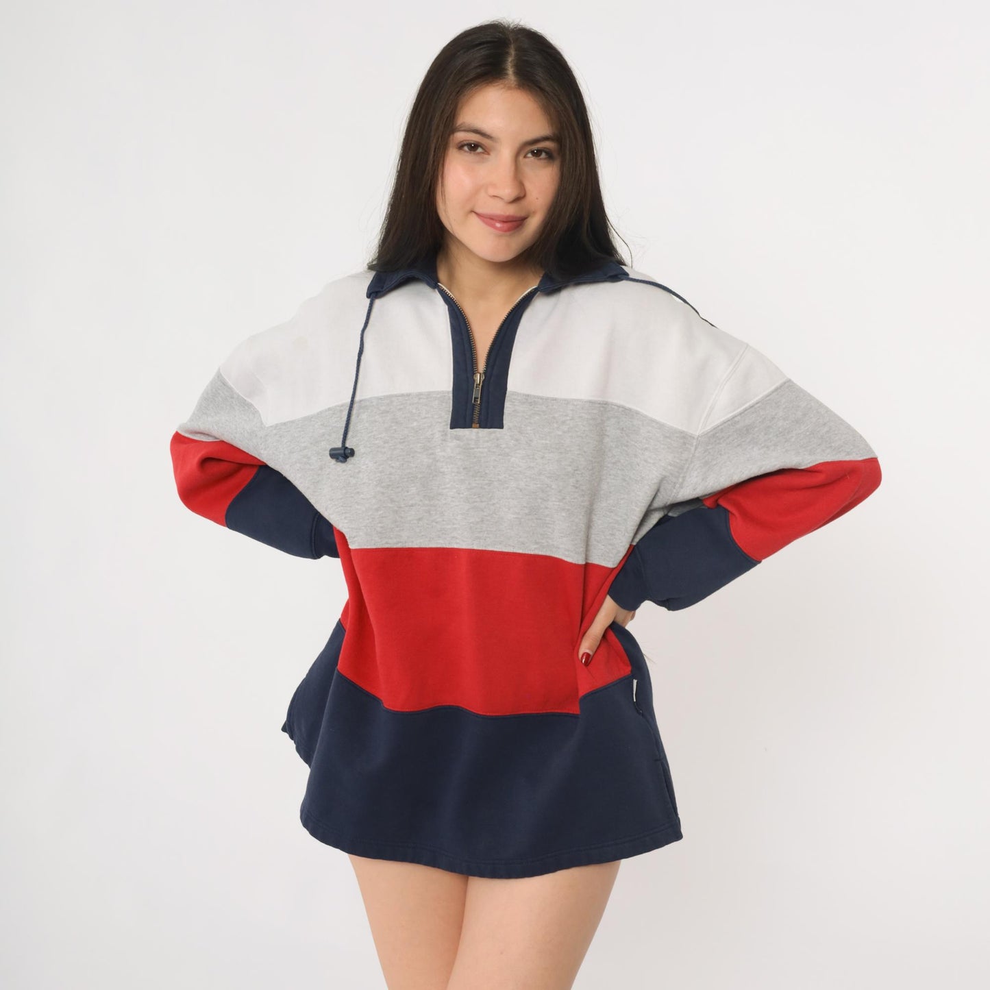 90s Color Block Quarter Zip Sweatshirt Grey Navy Red Striped Large L